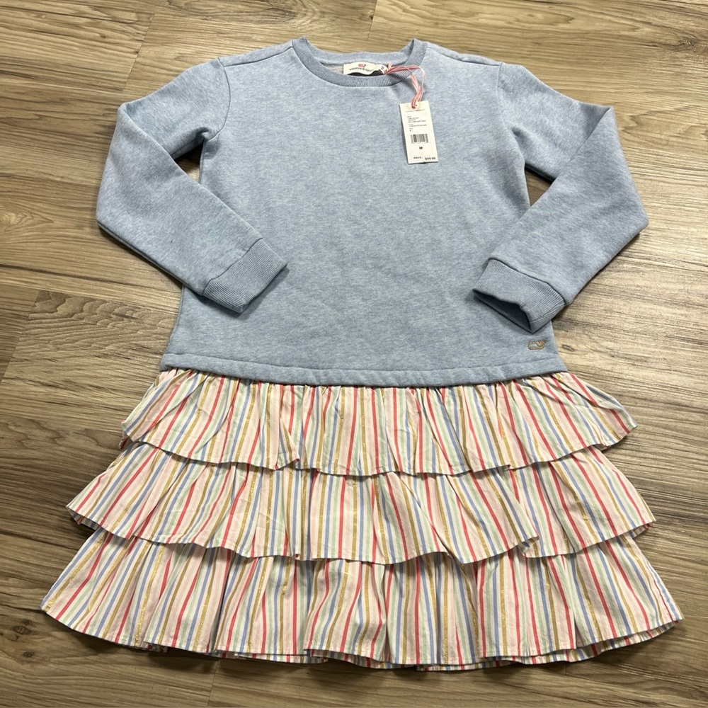 Vineyard Vines Girls Sweatshirt Dress Calm Water Heather Ruffle Hem Medium NWT